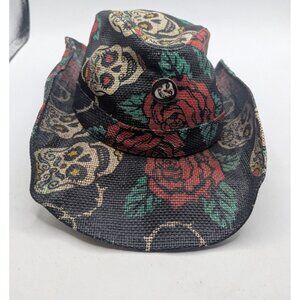 Peter Grimm Cowboy Straw Hat W/ Skull & Rose Print Natural Fiber O/S
